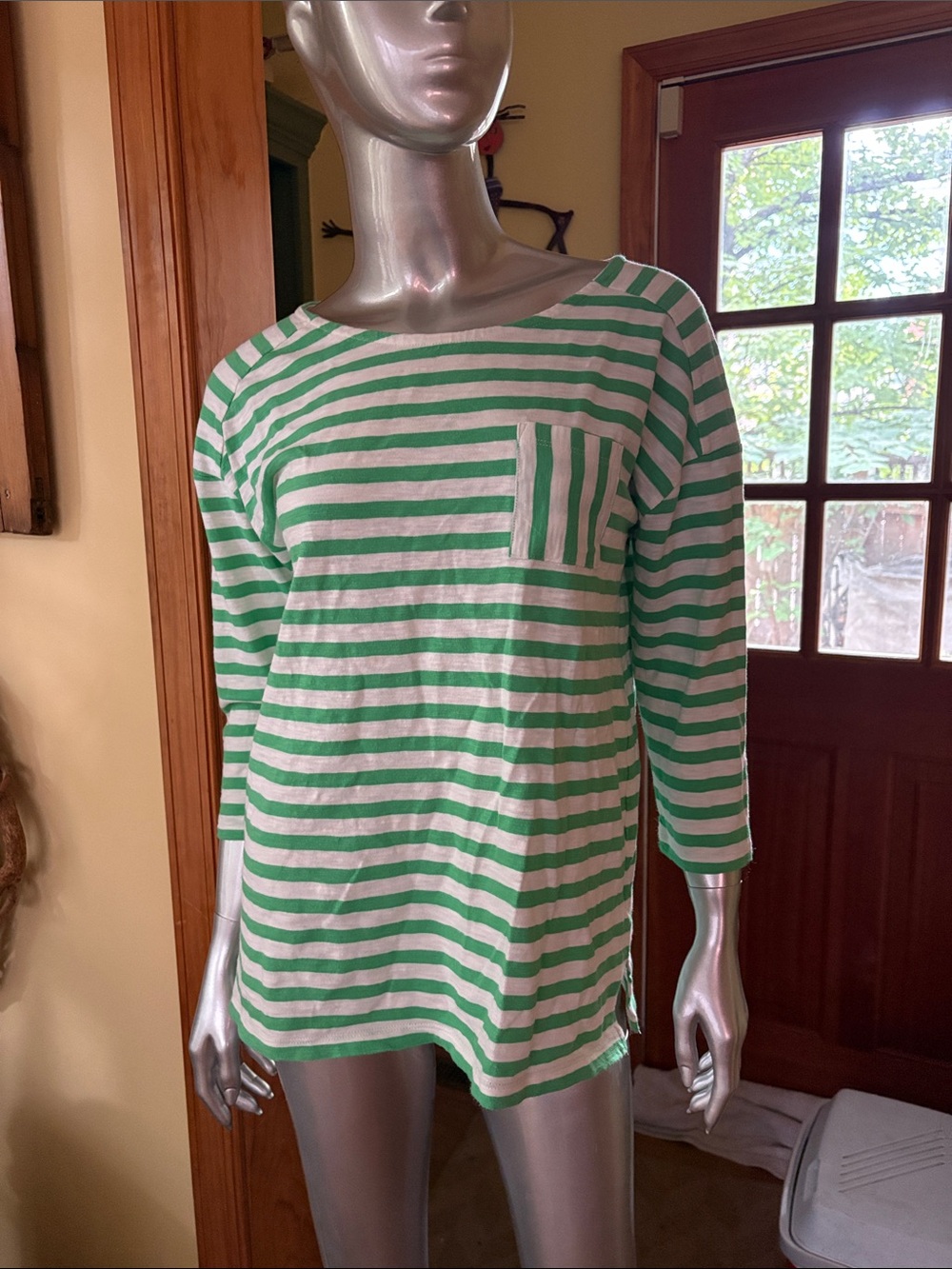 Talbots Green and White Striped quarter sleeve shirt with Pocket